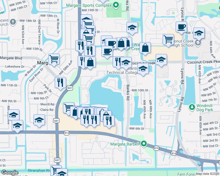 map of restaurants, bars, coffee shops, grocery stores, and more near 611 Banks Road in Margate