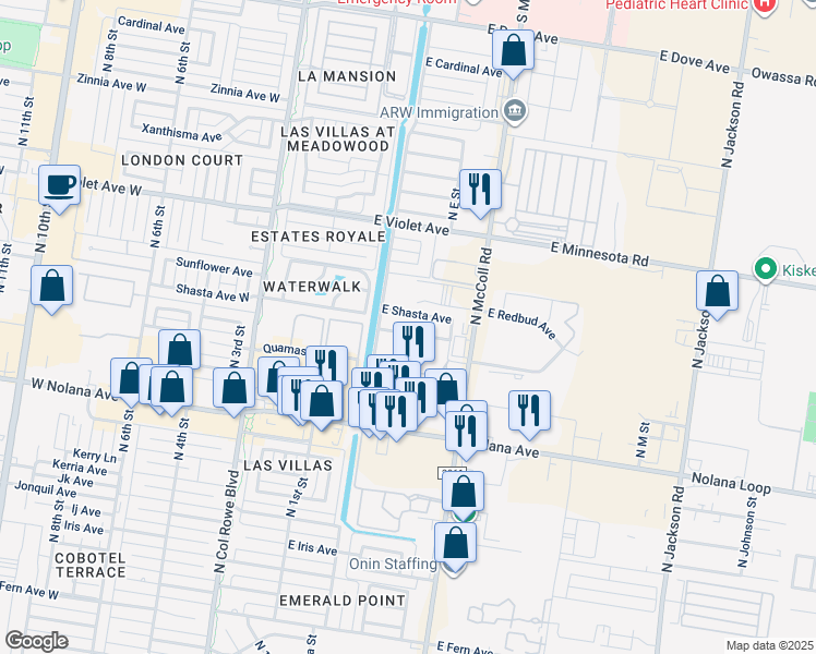 map of restaurants, bars, coffee shops, grocery stores, and more near 509 East Redbud Avenue in McAllen