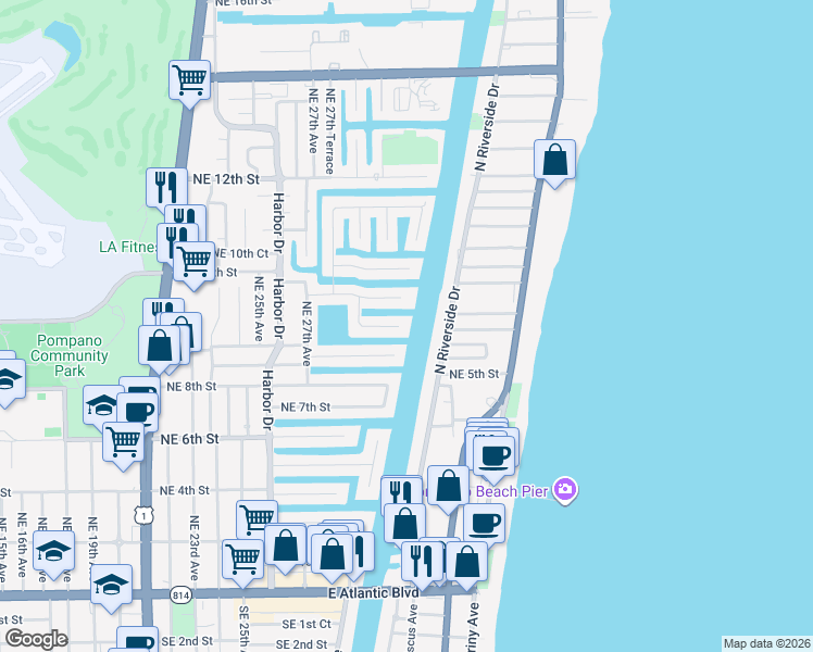 map of restaurants, bars, coffee shops, grocery stores, and more near 2880 Northeast 9th Street in Pompano Beach