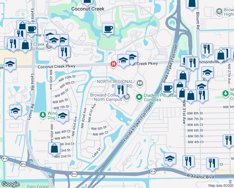 map of restaurants, bars, coffee shops, grocery stores, and more near Coconut Creek Boulevard in Coconut Creek