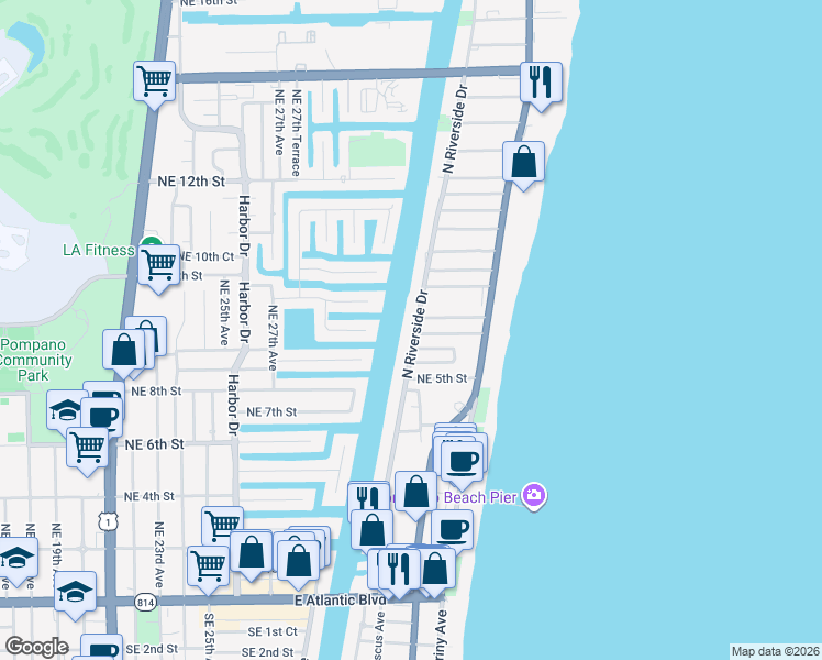 map of restaurants, bars, coffee shops, grocery stores, and more near 57 North Riverside Drive in Pompano Beach