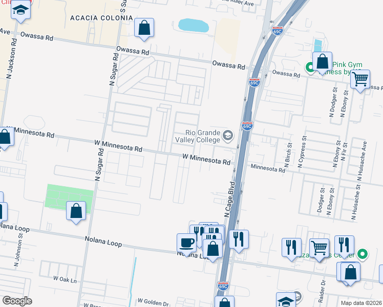 map of restaurants, bars, coffee shops, grocery stores, and more near 507 West Minnesota Road in Pharr