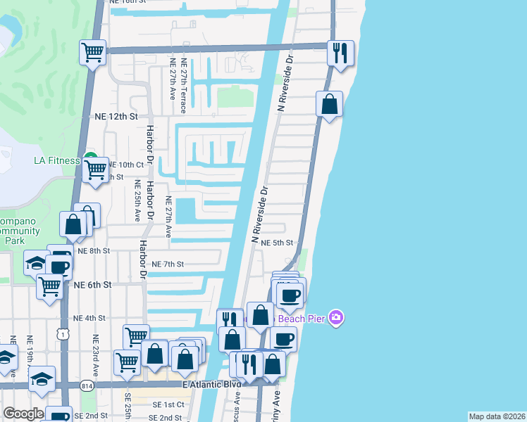 map of restaurants, bars, coffee shops, grocery stores, and more near 57 North Riverside Drive in Pompano Beach
