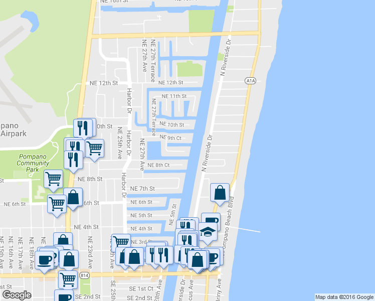 map of restaurants, bars, coffee shops, grocery stores, and more near 2870 Northeast 9th Street in Pompano Beach