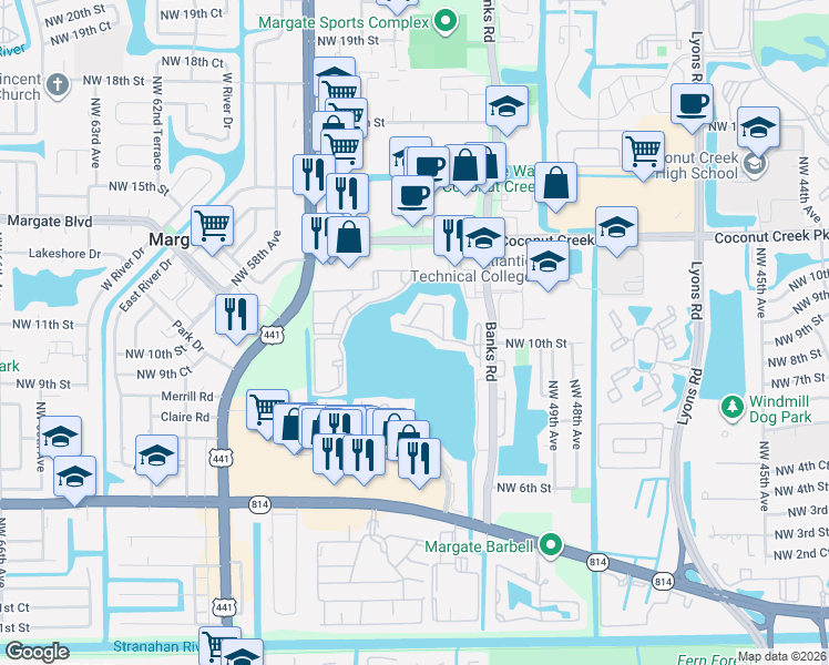 map of restaurants, bars, coffee shops, grocery stores, and more near 629 Banks Road in Margate
