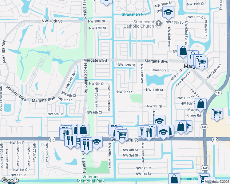 map of restaurants, bars, coffee shops, grocery stores, and more near 6870 Northwest 9th Street in Margate