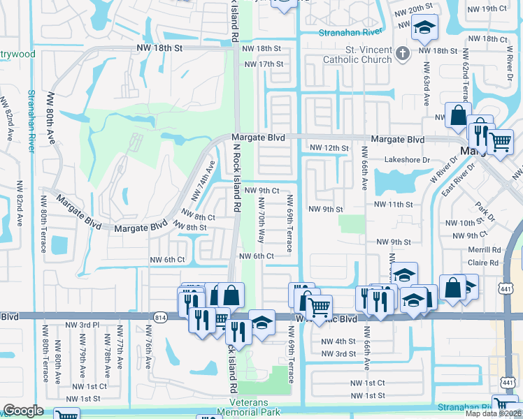 map of restaurants, bars, coffee shops, grocery stores, and more near 849 Northwest 70th Way in Margate