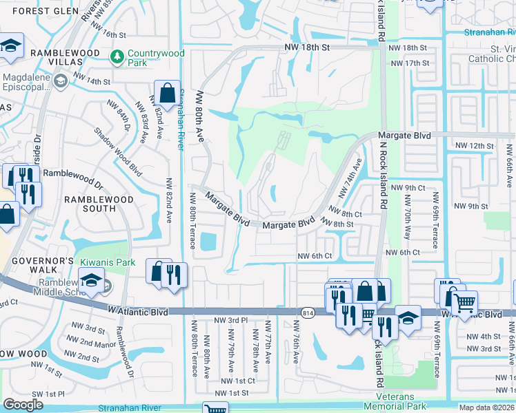 map of restaurants, bars, coffee shops, grocery stores, and more near 1006 Country Club Drive in Margate