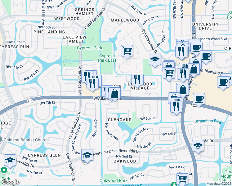 map of restaurants, bars, coffee shops, grocery stores, and more near 10204 Harbor Inn Drive in Coral Springs