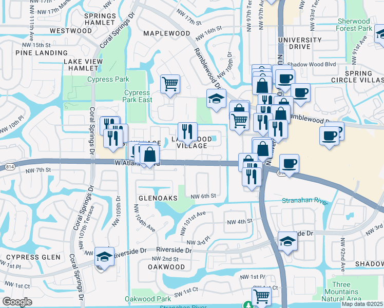 map of restaurants, bars, coffee shops, grocery stores, and more near 10001 West Atlantic Boulevard in Coral Springs