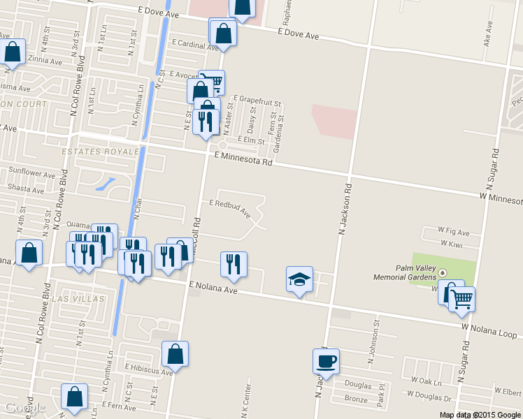 map of restaurants, bars, coffee shops, grocery stores, and more near 900 East Redbud Avenue in McAllen