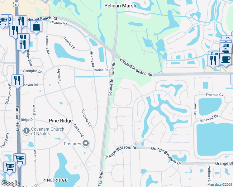 map of restaurants, bars, coffee shops, grocery stores, and more near 7111 Lemuria Circle in Naples
