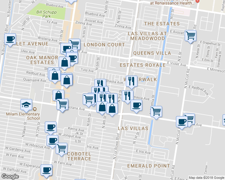 map of restaurants, bars, coffee shops, grocery stores, and more near 317 Redbud Avenue in McAllen