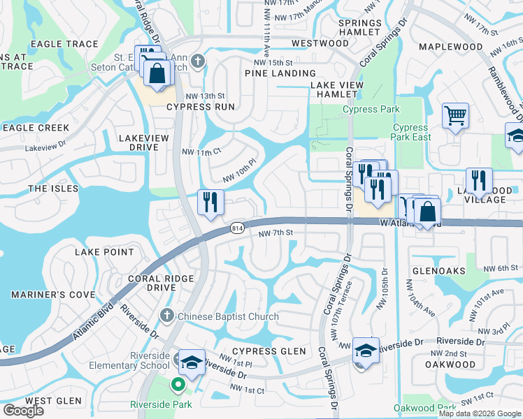 map of restaurants, bars, coffee shops, grocery stores, and more near 11205 West Atlantic Boulevard in Coral Springs