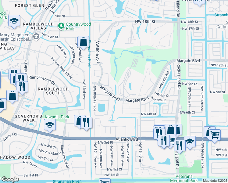 map of restaurants, bars, coffee shops, grocery stores, and more near 8000 Margate Boulevard in Margate