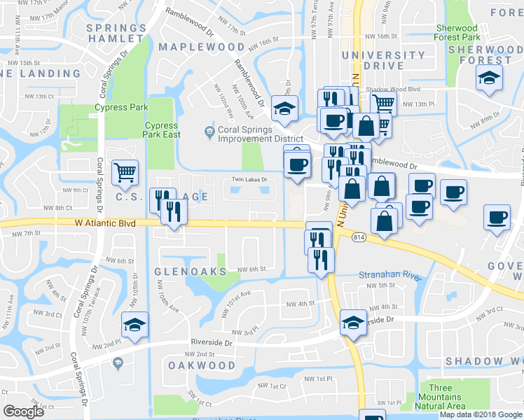 map of restaurants, bars, coffee shops, grocery stores, and more near 9959 West Atlantic Boulevard in Pompano Beach