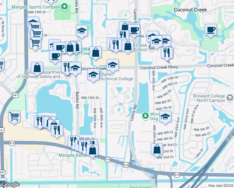 map of restaurants, bars, coffee shops, grocery stores, and more near 971 Lyons Road in Coconut Creek