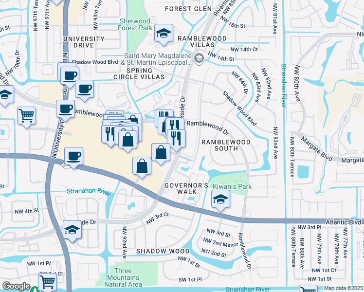 map of restaurants, bars, coffee shops, grocery stores, and more near 755 Riverside Drive in Coral Springs