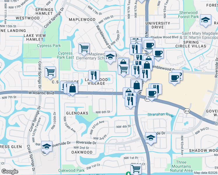 map of restaurants, bars, coffee shops, grocery stores, and more near 9953 West Atlantic Boulevard in Coral Springs