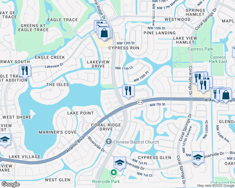 map of restaurants, bars, coffee shops, grocery stores, and more near 807 Coral Ridge Drive in Coral Springs