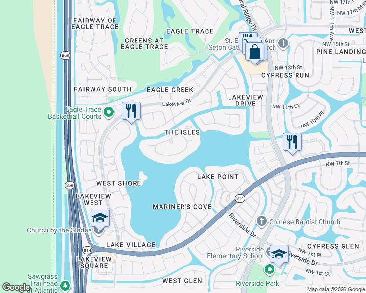 map of restaurants, bars, coffee shops, grocery stores, and more near 12137 Northwest 9th Drive in Coral Springs