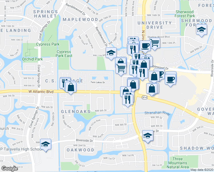 map of restaurants, bars, coffee shops, grocery stores, and more near 9953 West Atlantic Boulevard in Coral Springs