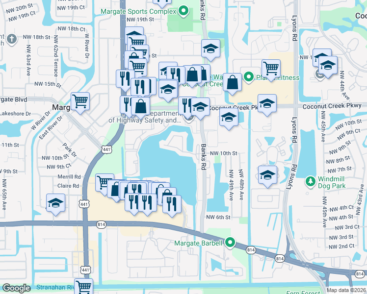 map of restaurants, bars, coffee shops, grocery stores, and more near 587 Banks Road in Margate