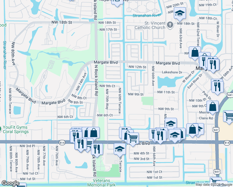 map of restaurants, bars, coffee shops, grocery stores, and more near 6933 Northwest 8th Court in Margate
