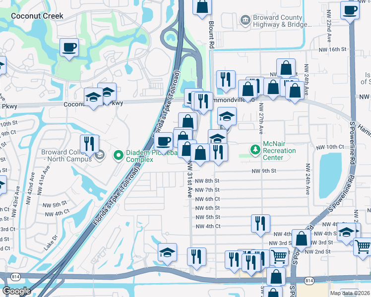 map of restaurants, bars, coffee shops, grocery stores, and more near 1001 Northwest 31st Avenue in Pompano Beach