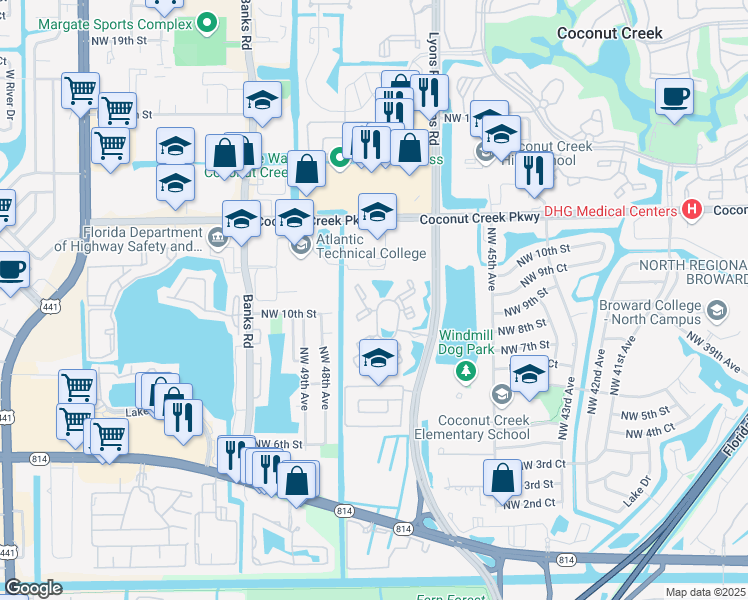 map of restaurants, bars, coffee shops, grocery stores, and more near 971 Lyons Road in Coconut Creek
