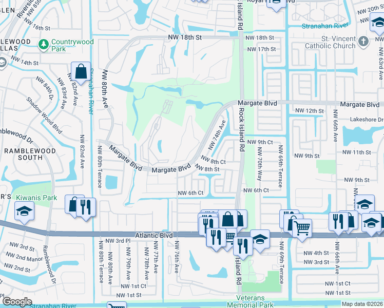 map of restaurants, bars, coffee shops, grocery stores, and more near 7887 Golf Circle Drive in Margate
