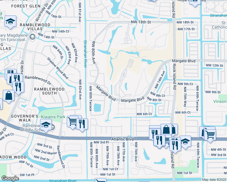 map of restaurants, bars, coffee shops, grocery stores, and more near 1025 Country Club Drive in Margate