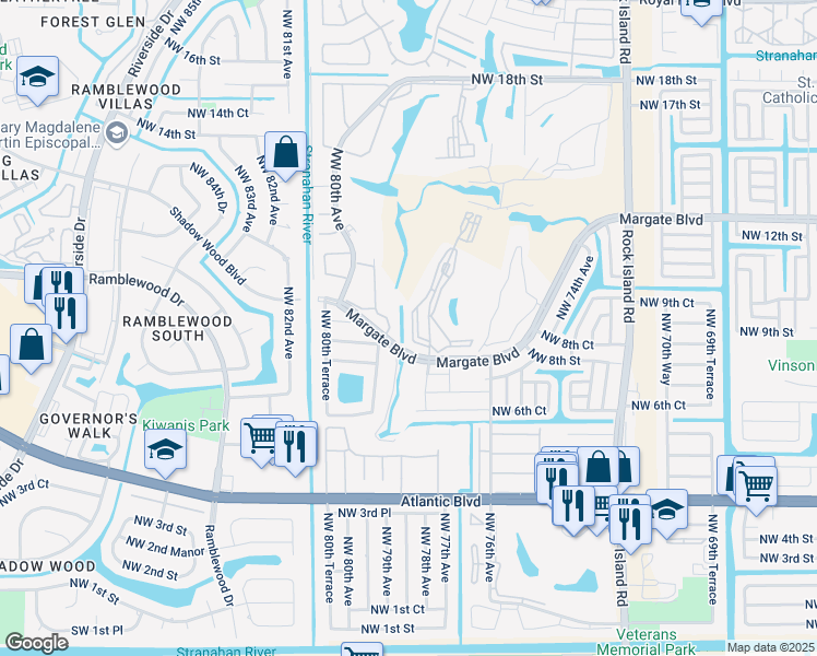 map of restaurants, bars, coffee shops, grocery stores, and more near 1025 Country Club Drive in Pompano Beach