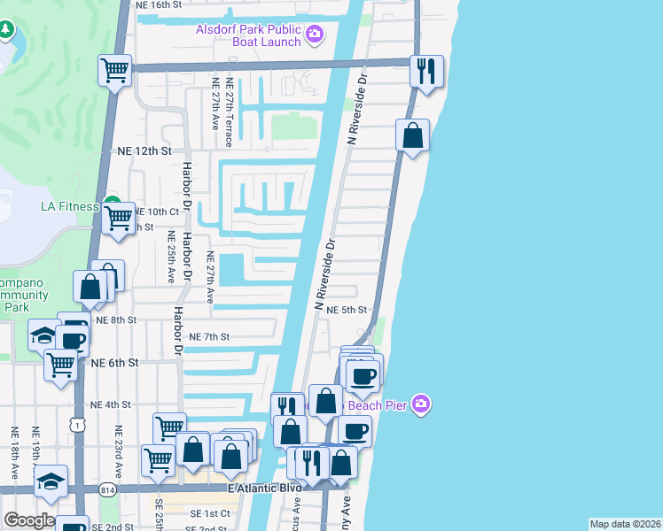 map of restaurants, bars, coffee shops, grocery stores, and more near 57 North Riverside Drive in Pompano Beach