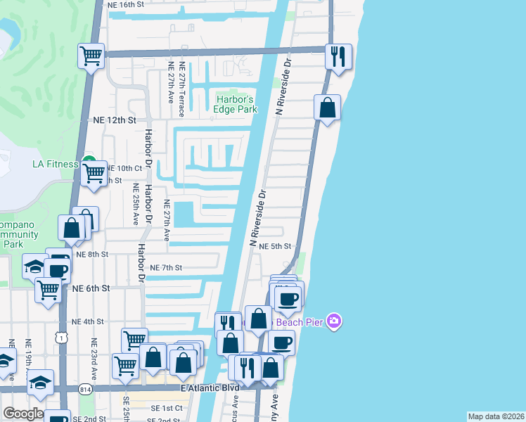 map of restaurants, bars, coffee shops, grocery stores, and more near 57 North Riverside Drive in Pompano Beach