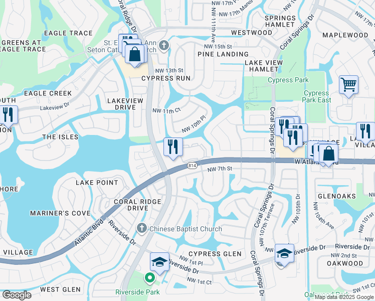 map of restaurants, bars, coffee shops, grocery stores, and more near 11331 West Atlantic Boulevard in Coral Springs