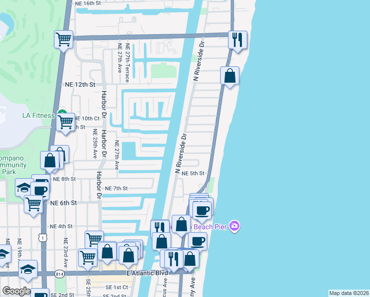 map of restaurants, bars, coffee shops, grocery stores, and more near 57 North Riverside Drive in Pompano Beach