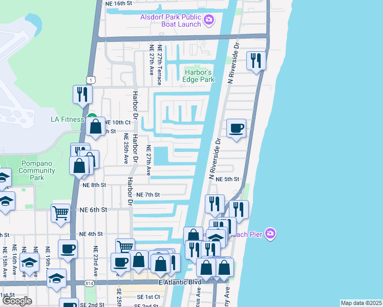 map of restaurants, bars, coffee shops, grocery stores, and more near 2870 Northeast 9th Street in Pompano Beach