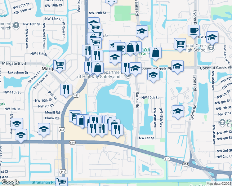 map of restaurants, bars, coffee shops, grocery stores, and more near 629 Banks Road in Margate