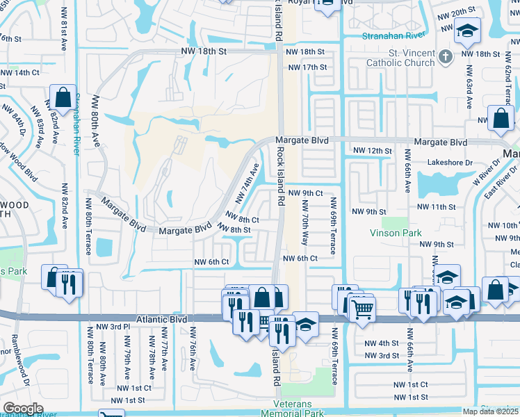 map of restaurants, bars, coffee shops, grocery stores, and more near 7245 Northwest 8th Court in Margate