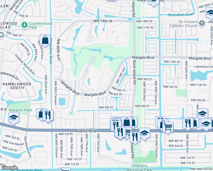 map of restaurants, bars, coffee shops, grocery stores, and more near a29a Golf Circle Drive in Margate