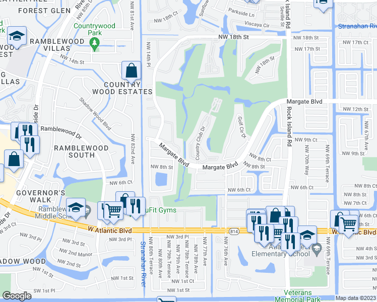 map of restaurants, bars, coffee shops, grocery stores, and more near 8000 Margate Boulevard in Margate