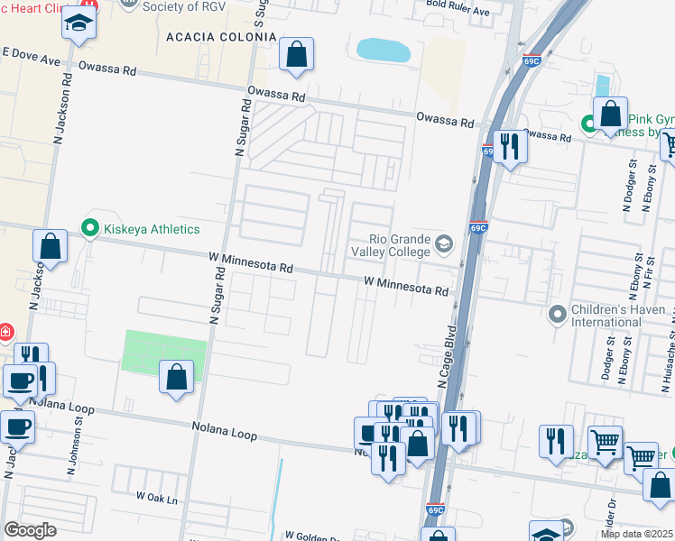 map of restaurants, bars, coffee shops, grocery stores, and more near 418 West Minnesota Road in Pharr