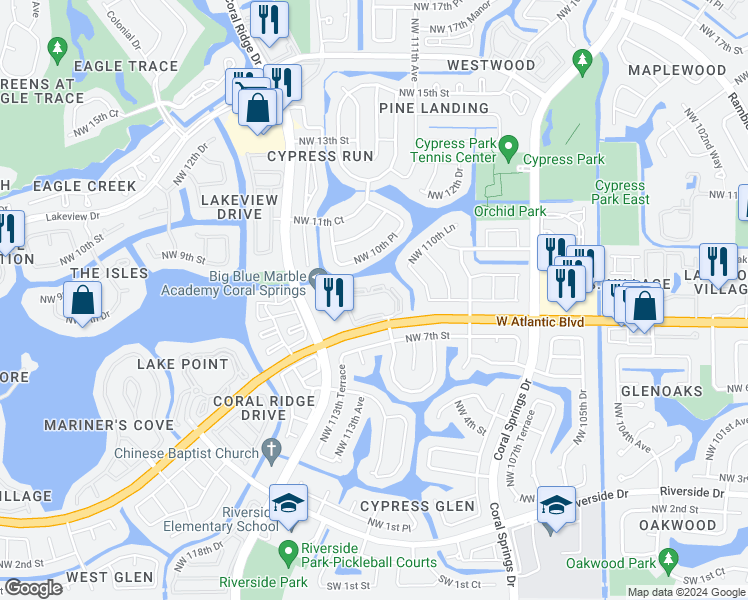 map of restaurants, bars, coffee shops, grocery stores, and more near 11295 West Atlantic Boulevard in Coral Springs