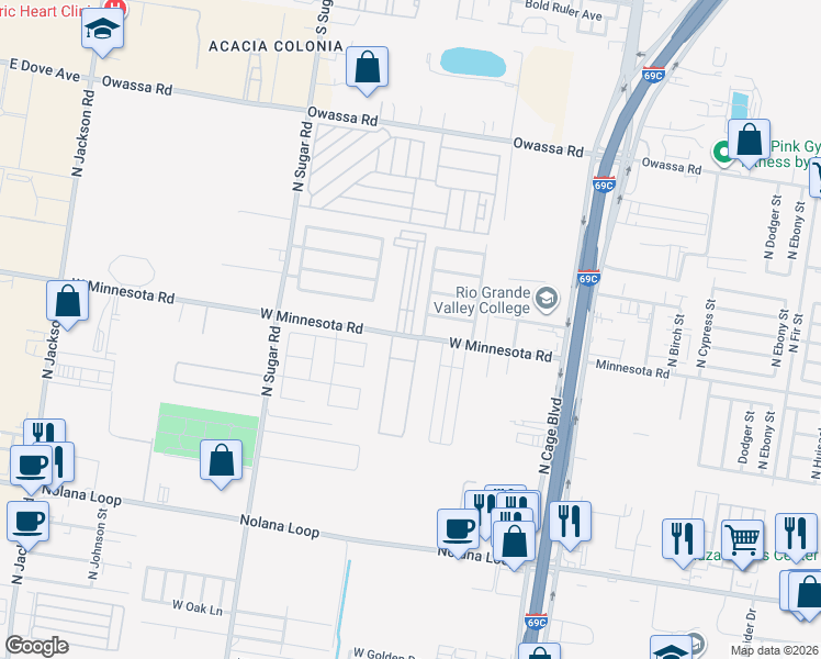 map of restaurants, bars, coffee shops, grocery stores, and more near 418 West Minnesota Road in Pharr