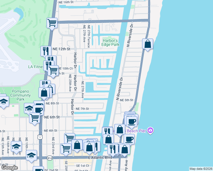 map of restaurants, bars, coffee shops, grocery stores, and more near 2870 Northeast 9th Street in Pompano Beach