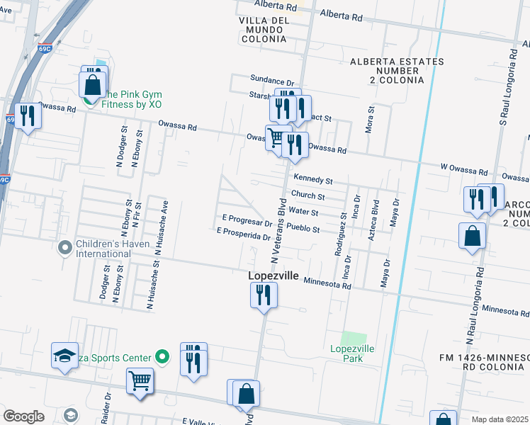map of restaurants, bars, coffee shops, grocery stores, and more near 1307 East Progresar Drive in Pharr