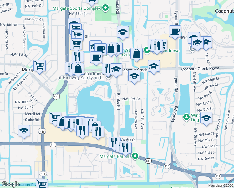 map of restaurants, bars, coffee shops, grocery stores, and more near 801 Banks Road in Margate