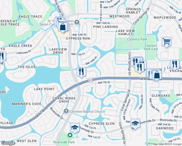 map of restaurants, bars, coffee shops, grocery stores, and more near 11299 Eagle Nest Drive in Coral Springs