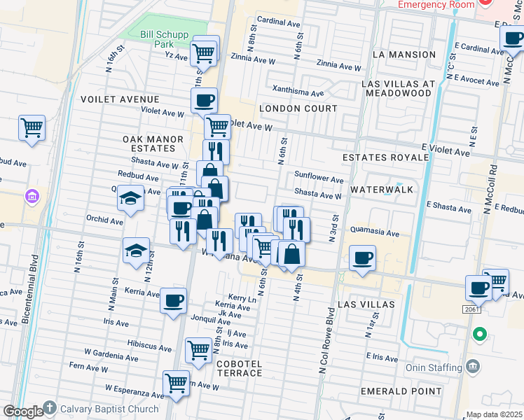 map of restaurants, bars, coffee shops, grocery stores, and more near 4413 North 6th Street in McAllen